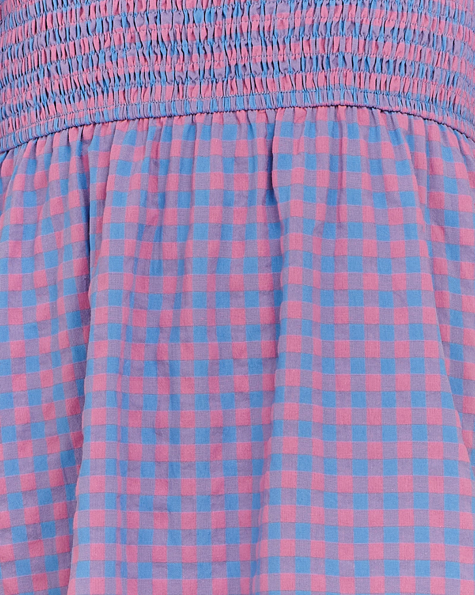 Puff sleeve cotton mini dress with
shirred bodice; straight neckline; flared skirt with frill at hem