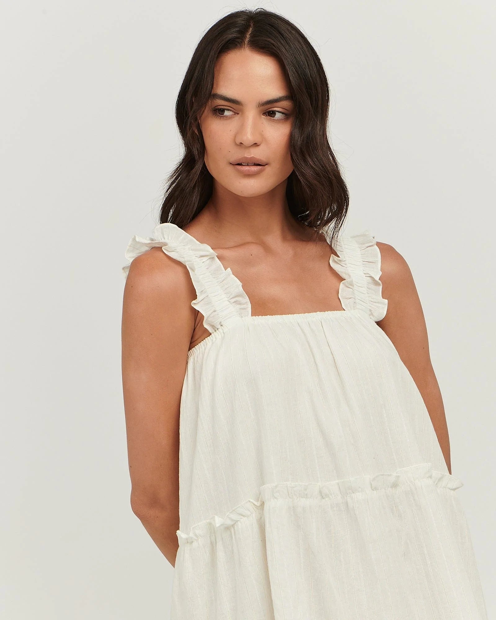 Charlie holiday White loose-fit mini shift dress with wide straps with frill and cotton New Zealand