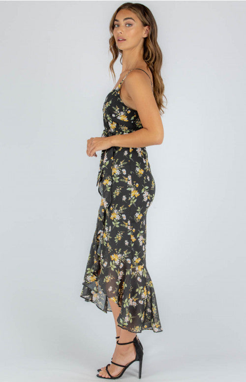 Floral v neck with adjustable straps Midi Dress, fully lined