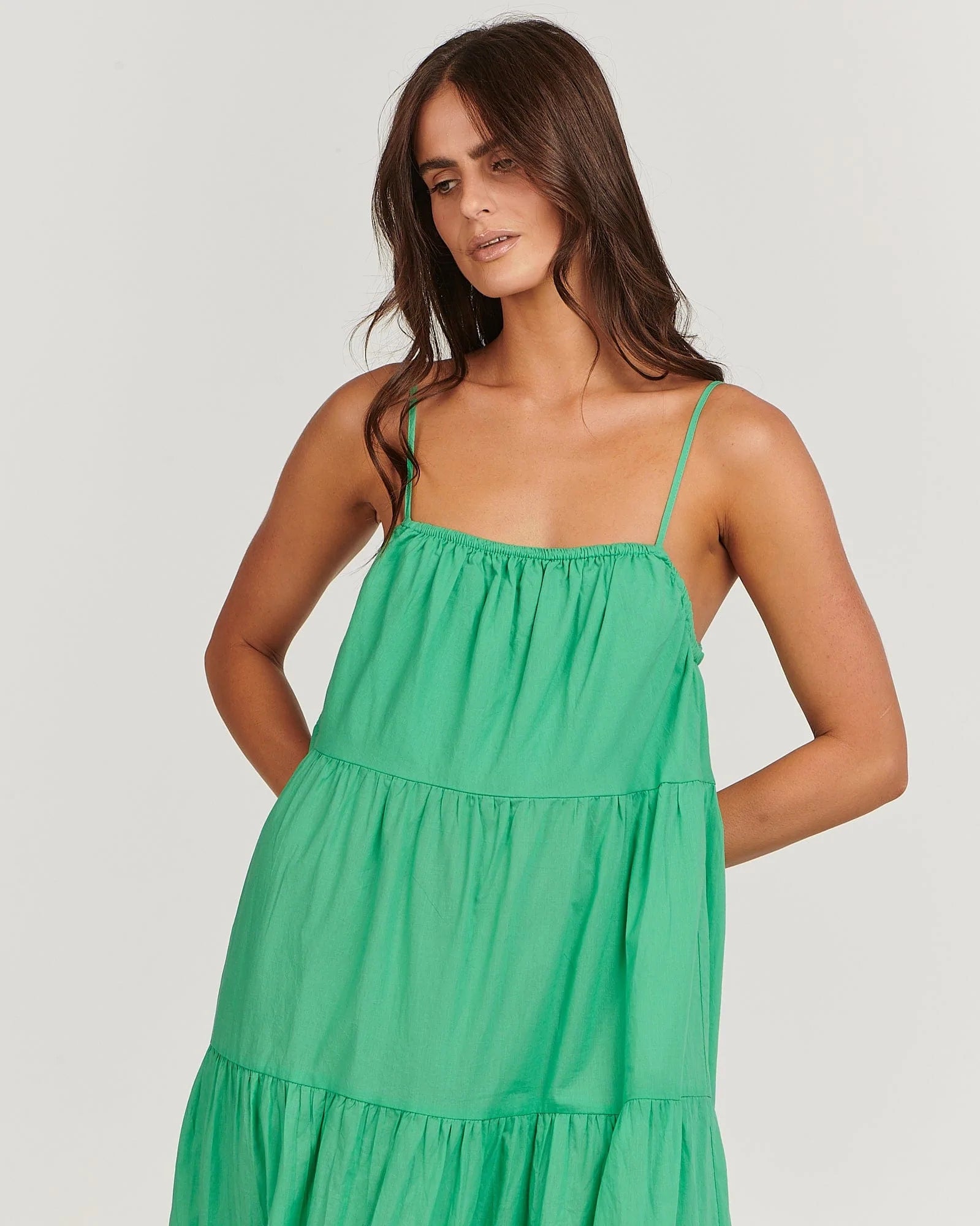 Loose-fit tiered maxi dress
spaghetti straps; straight neckline