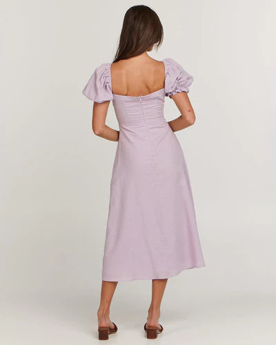 Healey dress with puff sleeve midi dress, sweetheart neckline; tie details with keyhole cut-outs