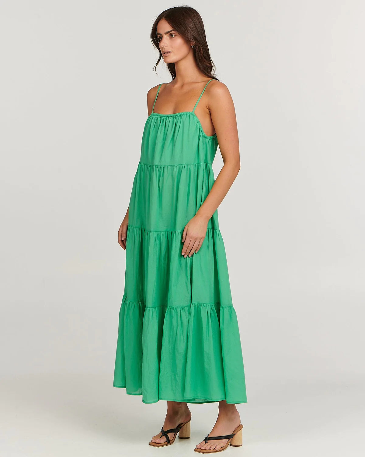 Loose-fit tiered maxi dress
spaghetti straps; straight neckline