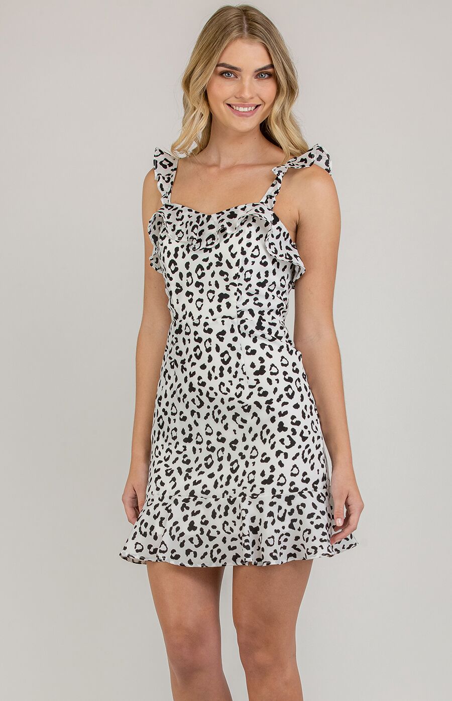 Leopard mIni dress with ruffle straps and mini length