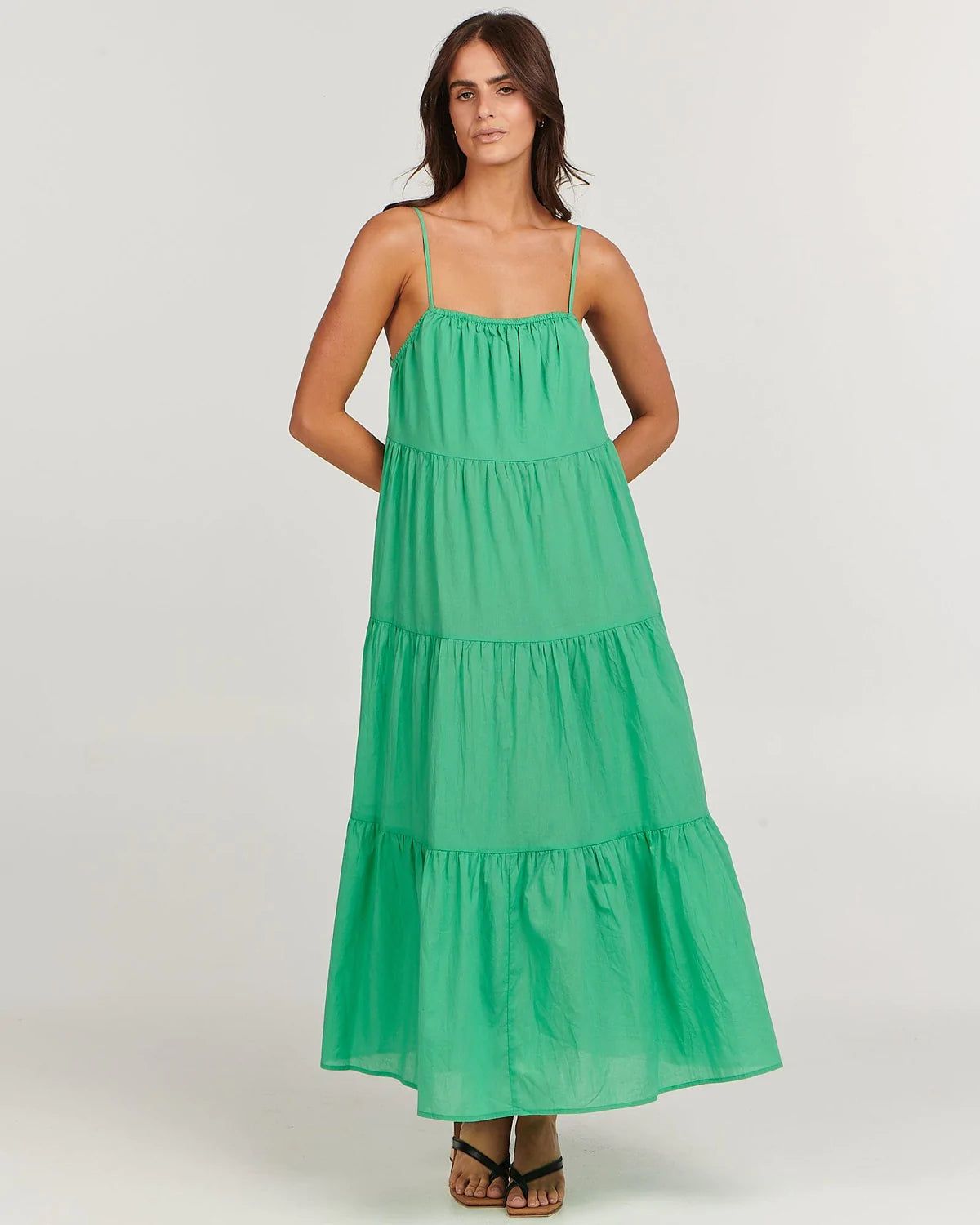 Loose-fit tiered maxi dress
spaghetti straps; straight neckline