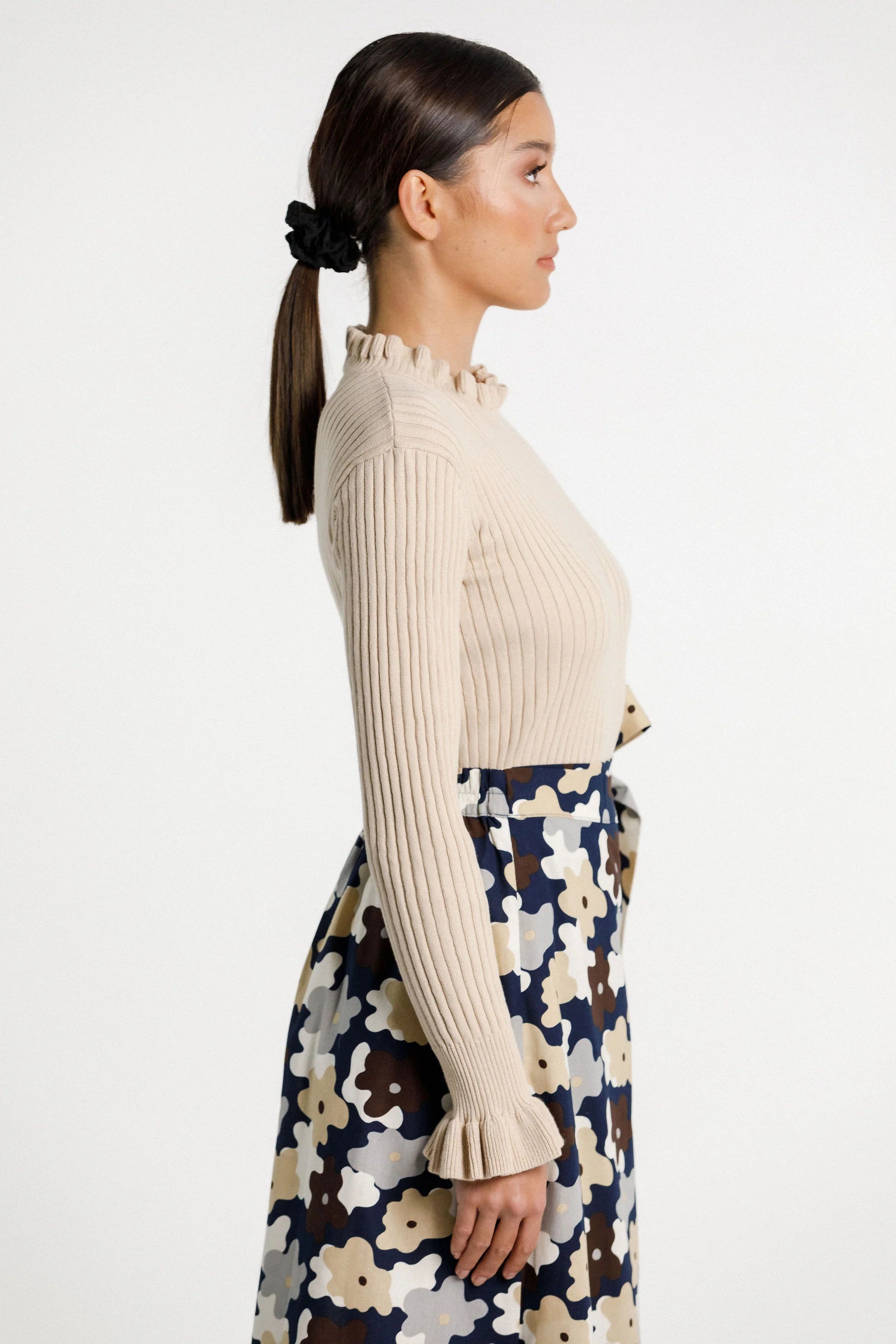 Ruffle long sleeve ribbed turtle neck, ruffle neckline and frilled sleeve