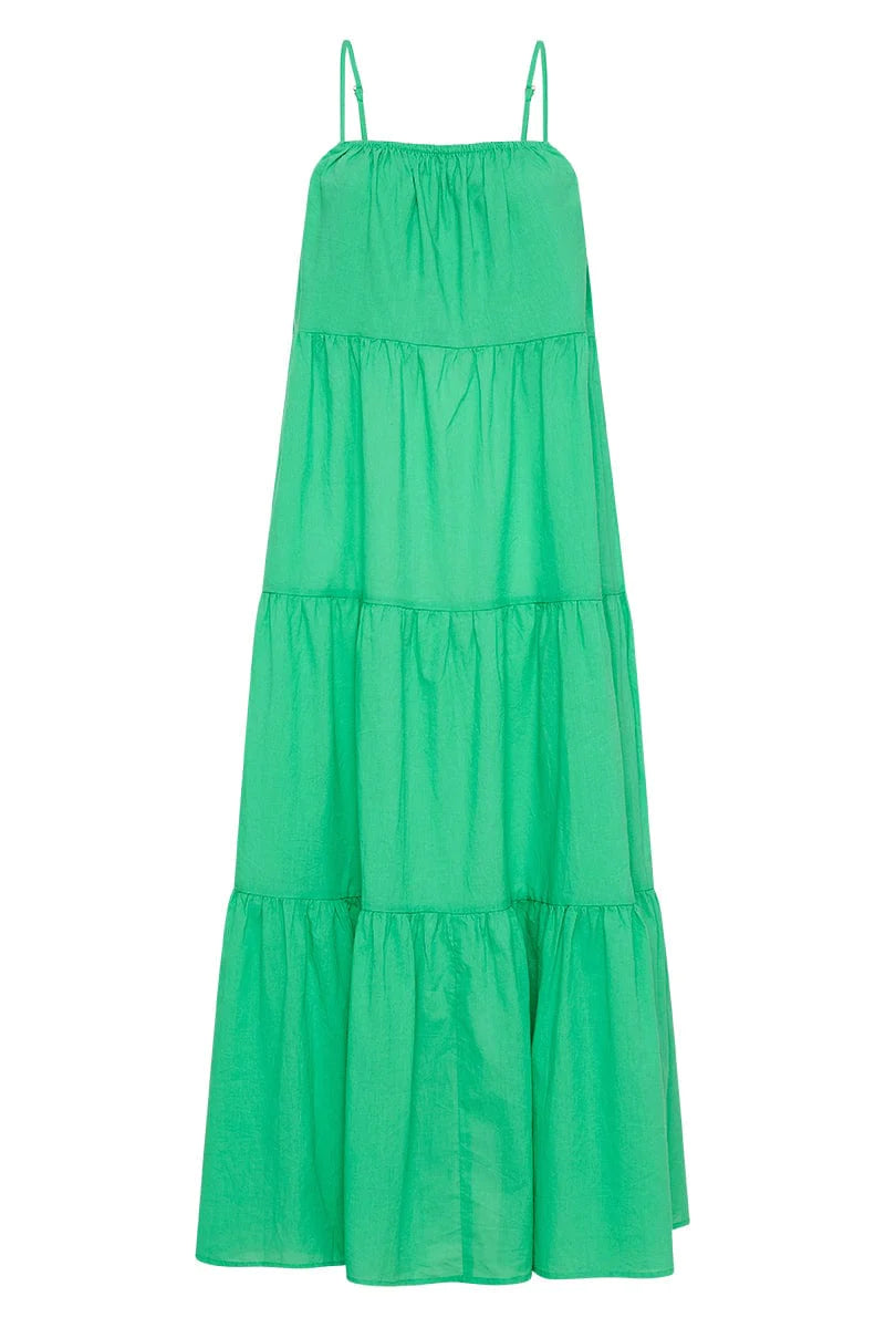 Loose-fit tiered maxi dress
spaghetti straps; straight neckline