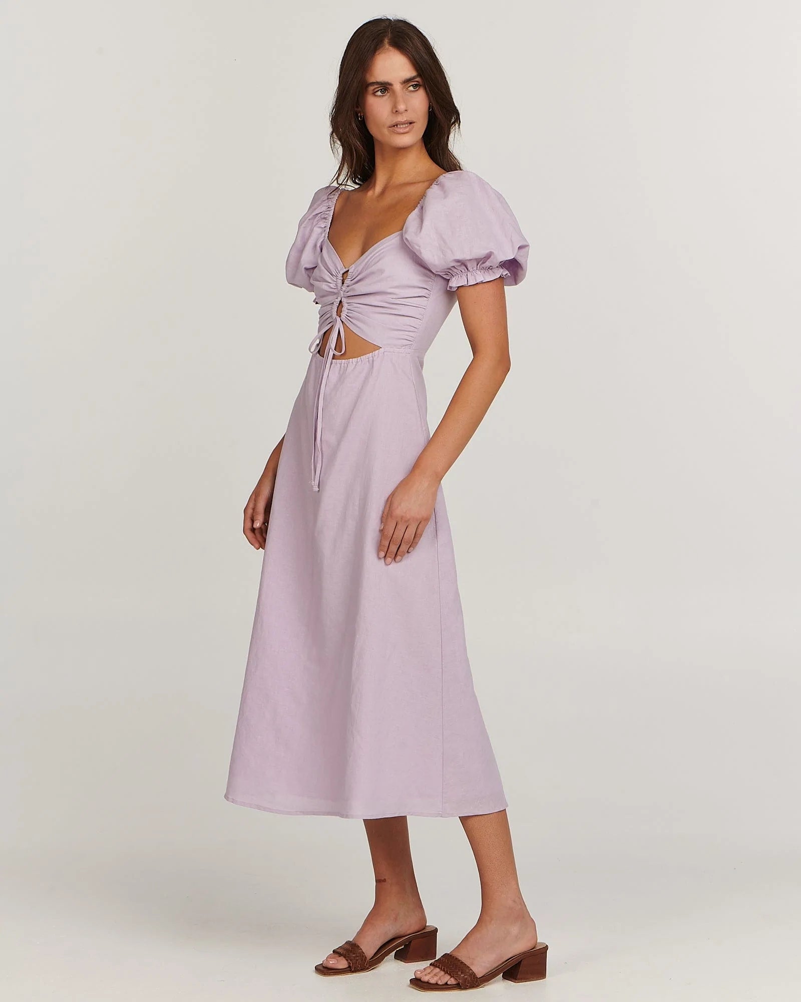 Healey dress with puff sleeve midi dress, sweetheart neckline; tie details with keyhole cut-outs