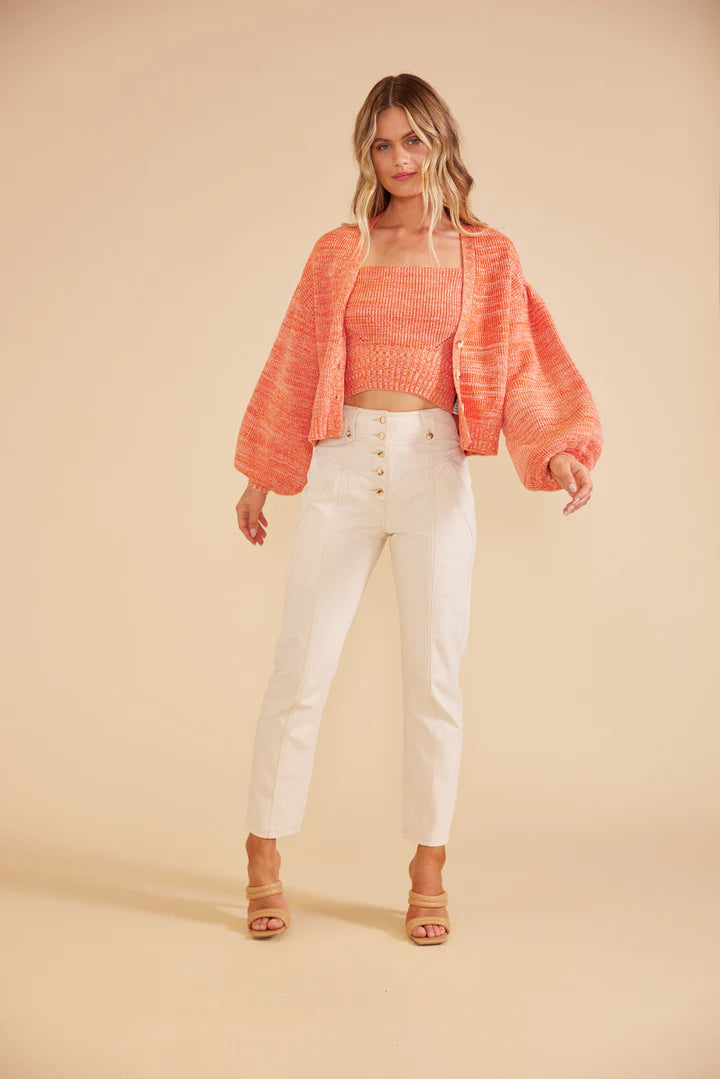 Mille cardigan from MinkPink tomato red hue, blouson sleeves, and ribbed cuffs.