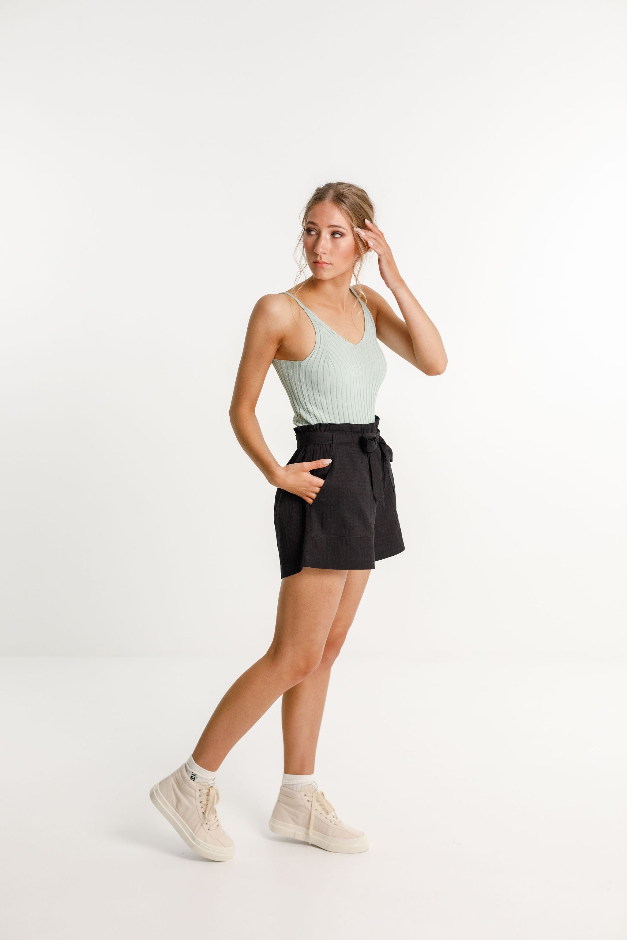 Thing Thing Wonder shorts, paper bag style ,elasticated high cut waist, and pockets