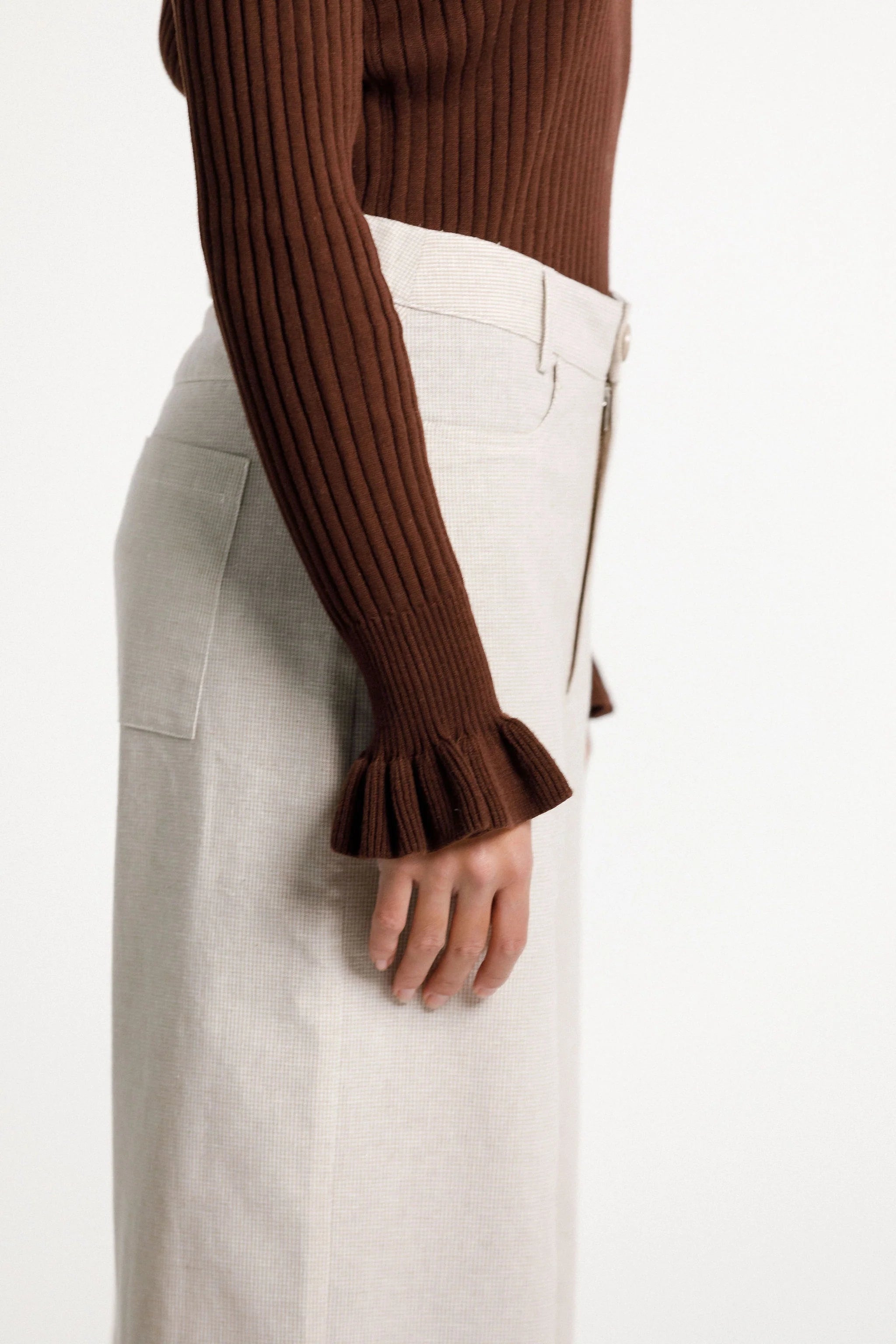 Ruffle long sleeve ribbed turtle neck, ruffle neckline and frilled sleeve