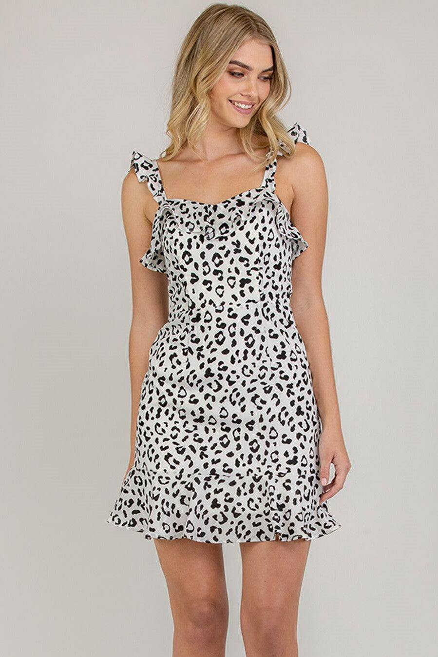 Leopard mIni dress with ruffle straps and mini length