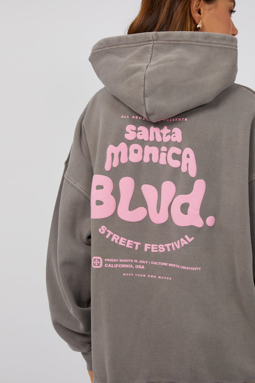 All About Eve hoodie Santa Monica. Grey oversized fit hoodie great for all seasons