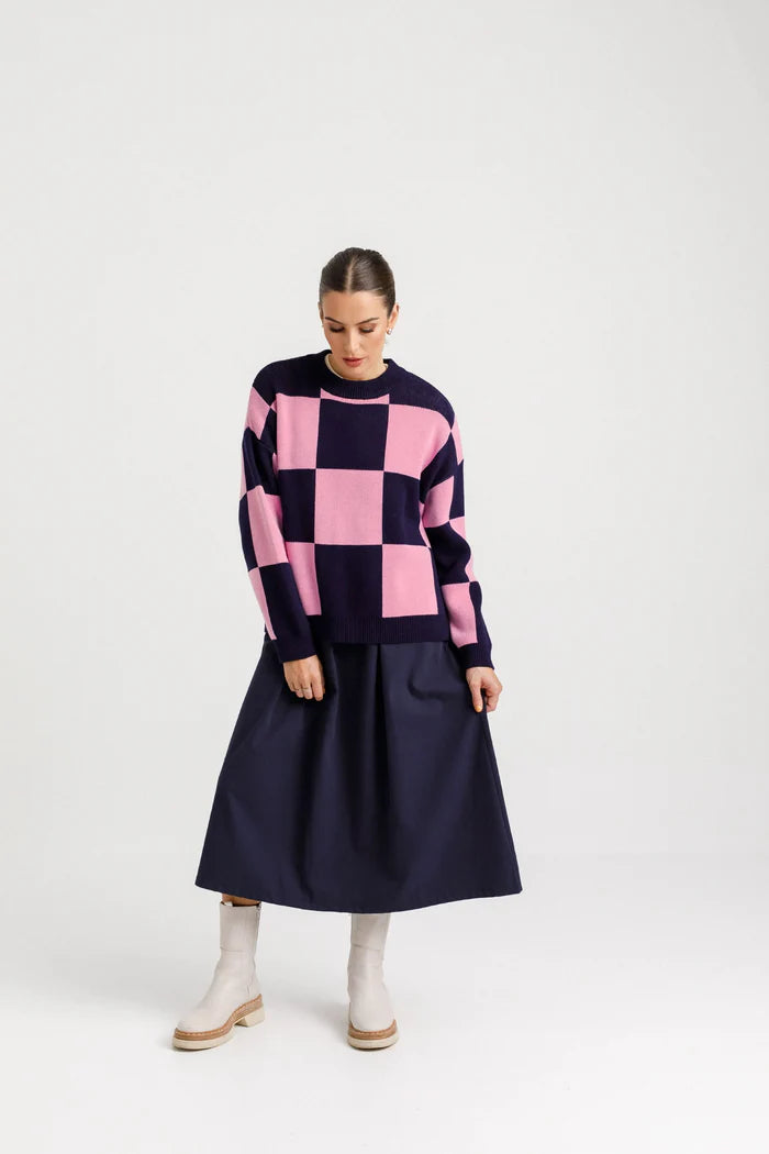 Check print cotton knit jumper in navy blue and pink colour. Available in New Zealand 