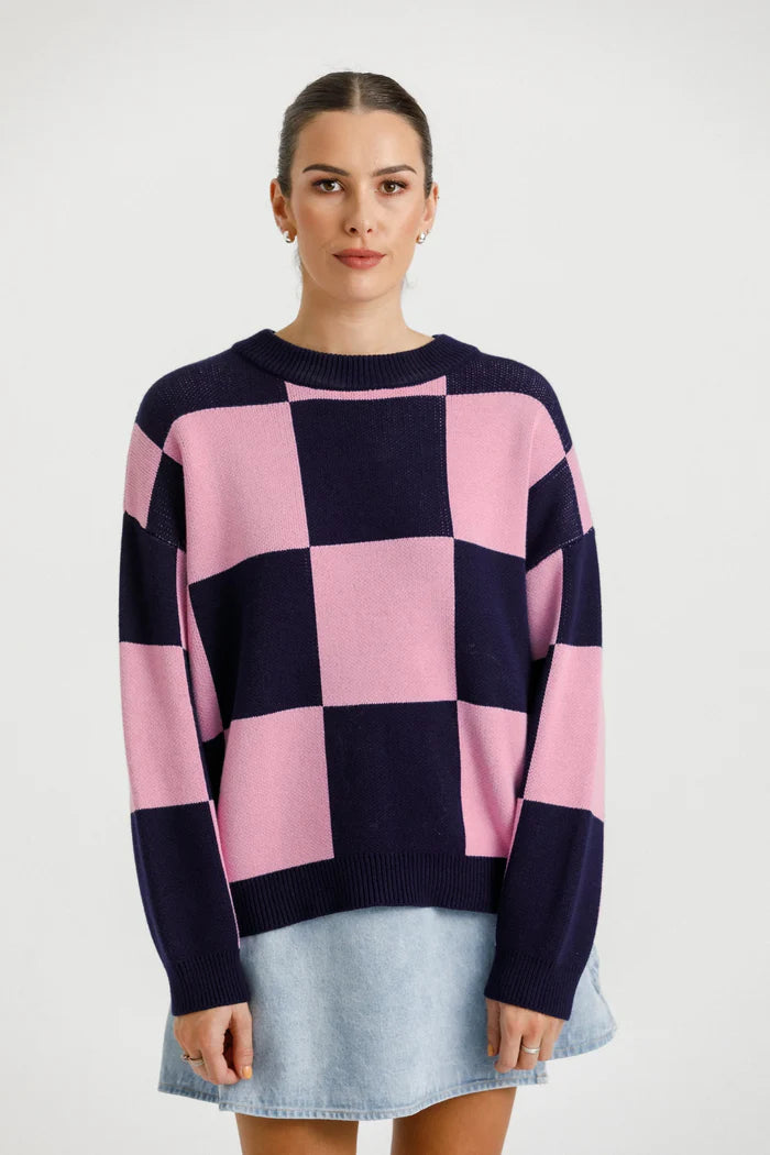 Thing Thing cotton Cleo Check It knit jumper in a ballet navy colour