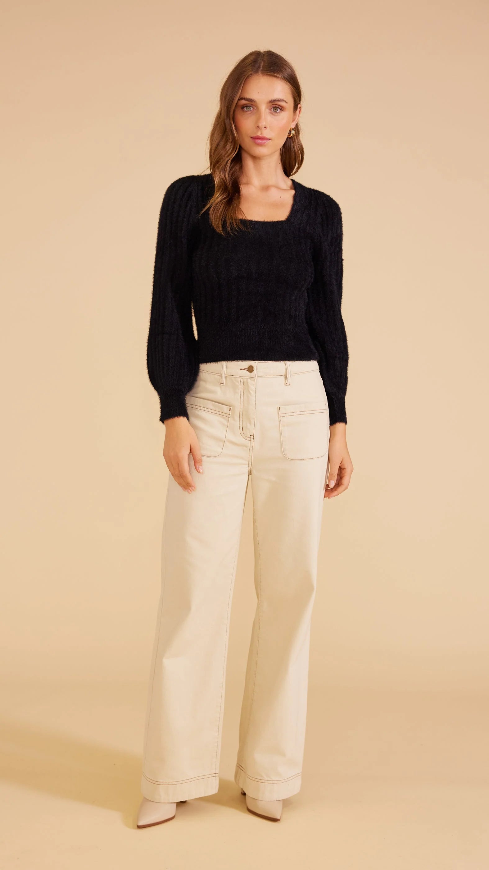 Molly Knit cropped jumper by Minkpink Black Square neckline with full length puff sleeves
