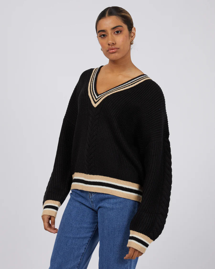 Silent Theory,black v neck Jersey with contrast stripe