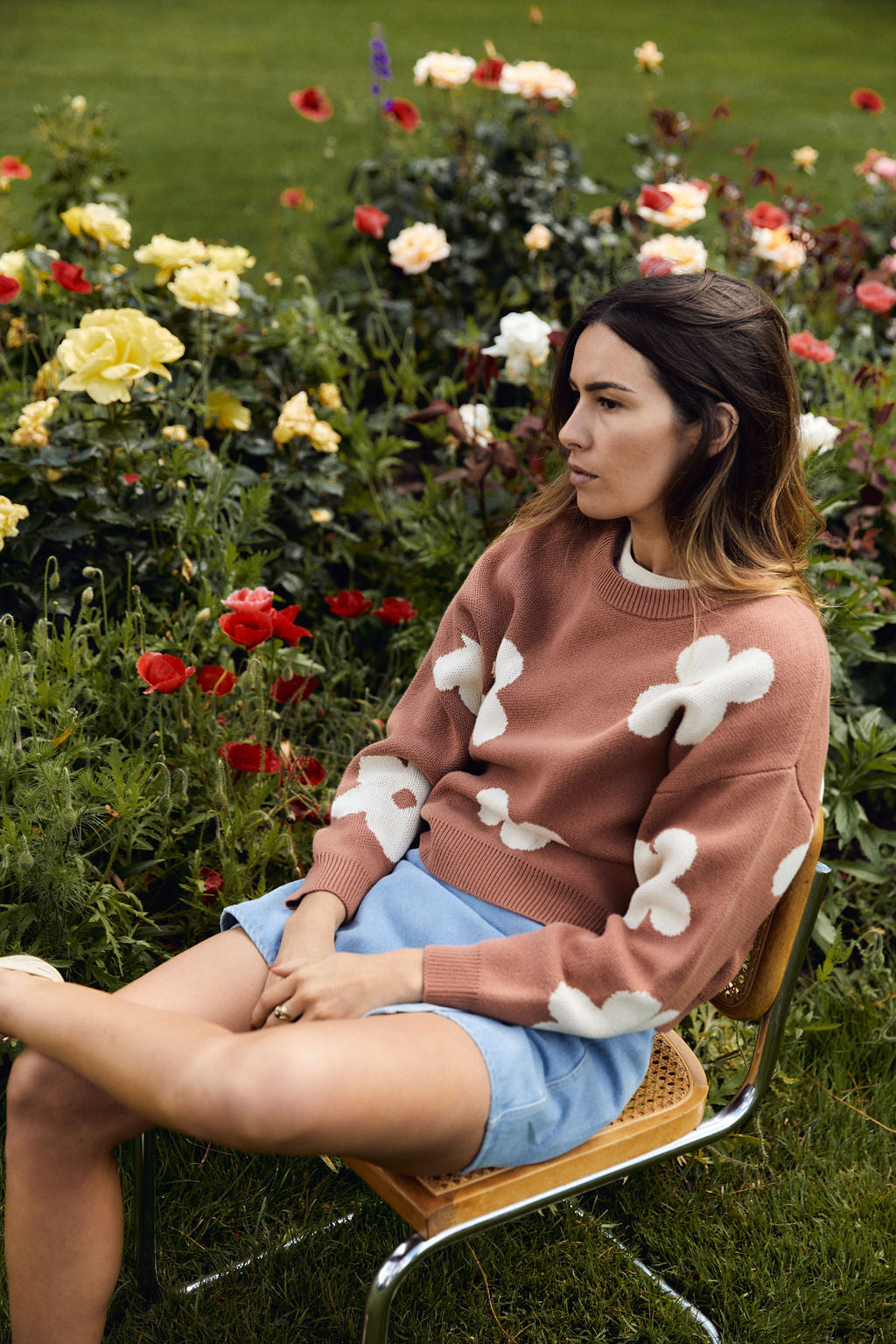 Womens knit jumper Bloom by Thing Thing is brown with white flowers, available in New Zealand