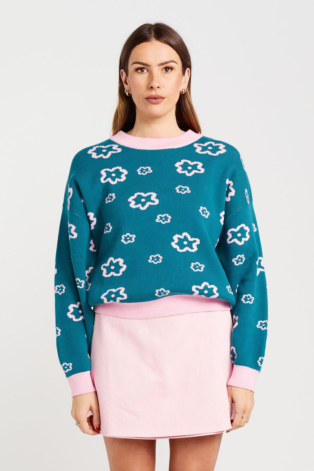 Teal green women's jumper with flowers from Thing Thing