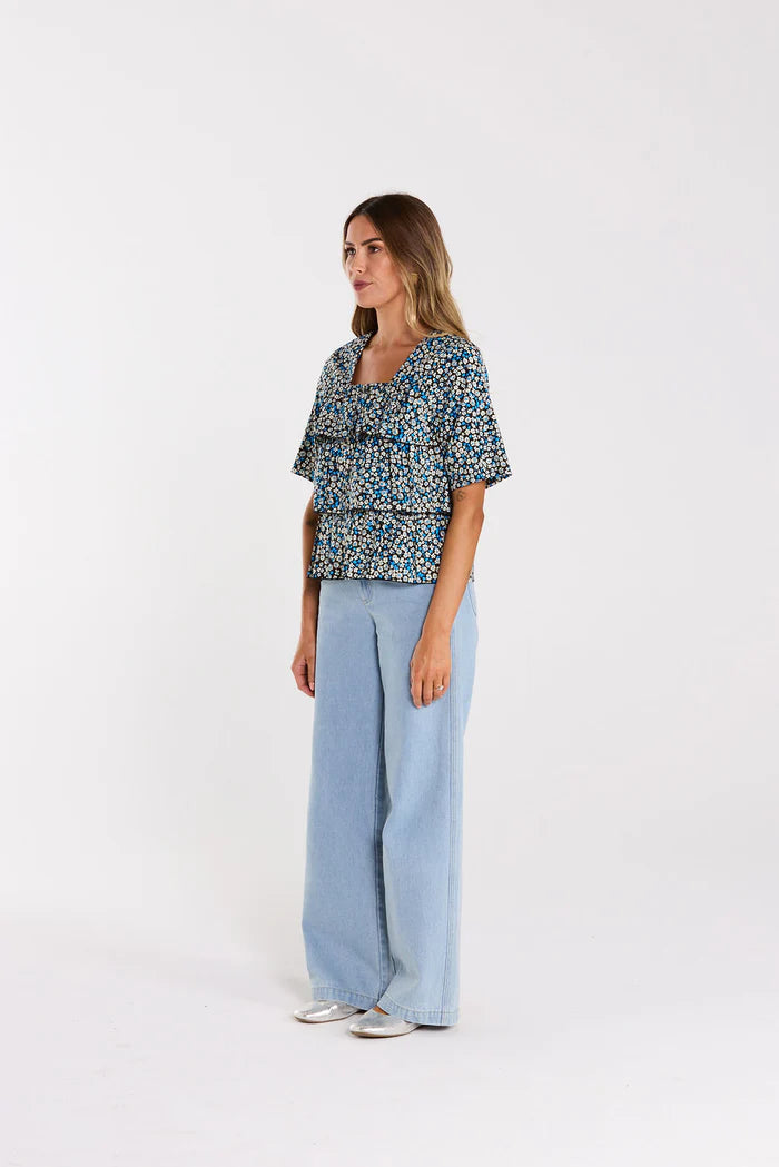 layered womans top, short length, floral and cotton