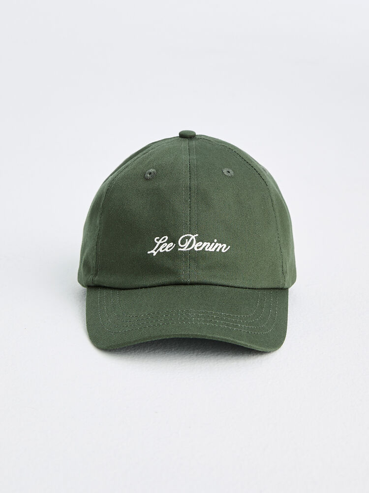 Green cap with 'Lee Denim' logo on a white background