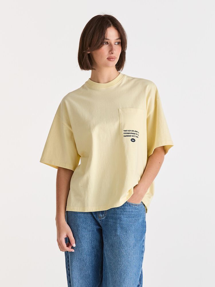 cotton yellow tee lee denim, emon spritz boxy tee