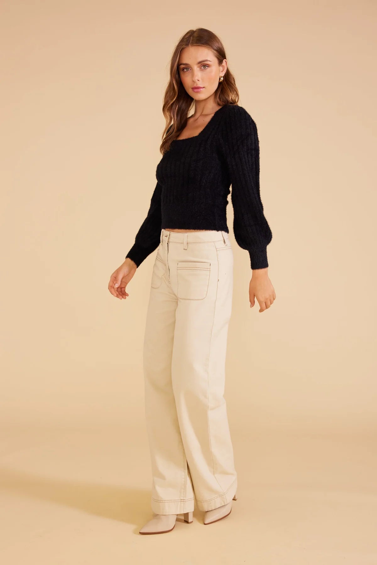 Molly Knit cropped jumper by Minkpink Black Square neckline with full length puff sleeves
