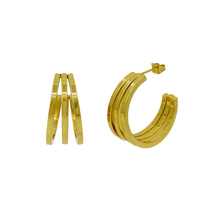 A pair of gold-colored hoop earrings with a curved oval shape, crafted from high quality 18k Gold Plated Stainless Steel.

