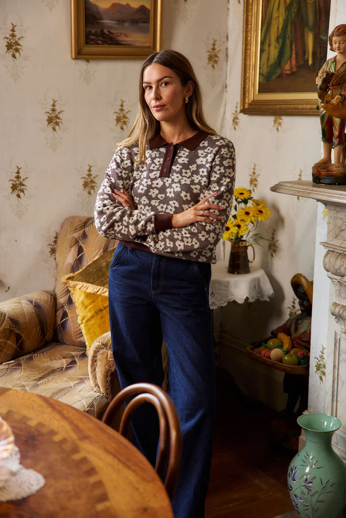 Ribbed Cuffs, Hem and Collar
Button Down Collar Floral Motif and cotton