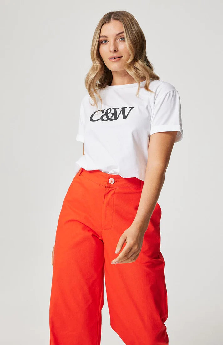 white tee shirt with curved hemline