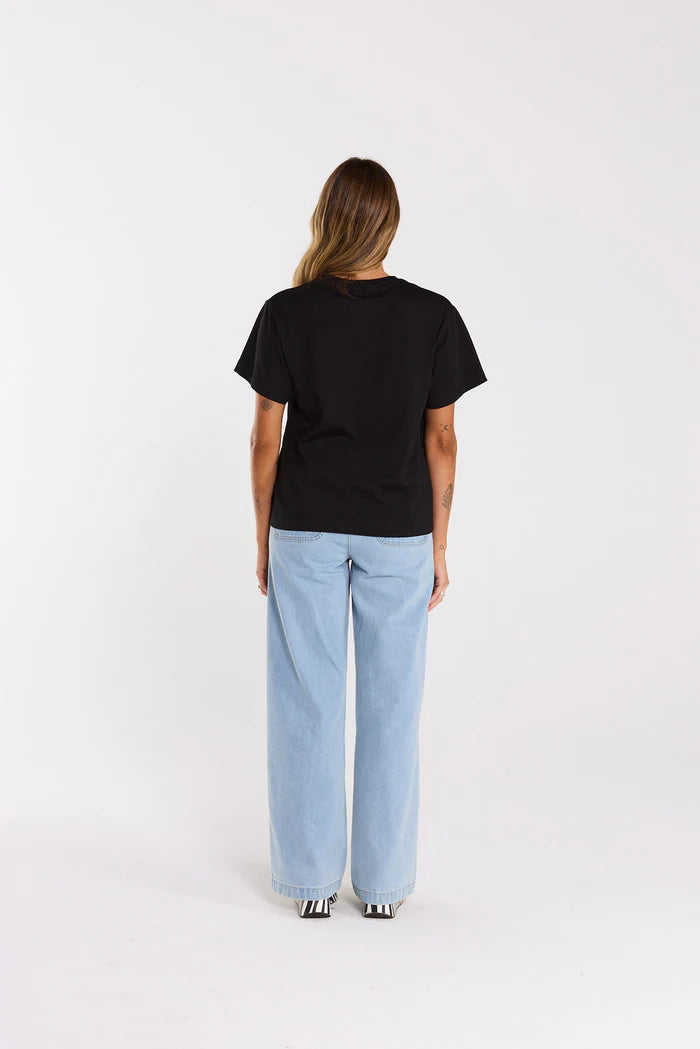 Prime Tee has a looser fit, straight hem, ribbed neck line  cropped length. cotton