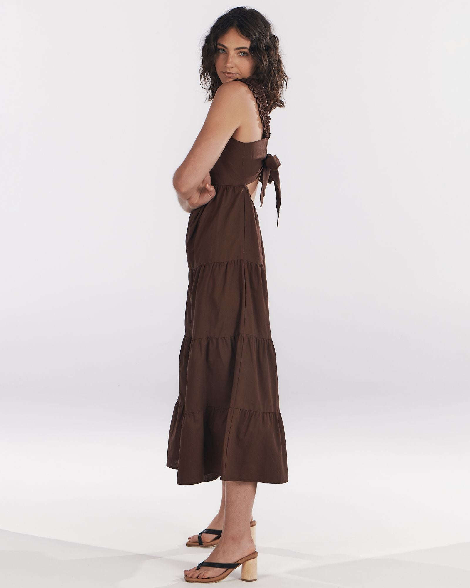 Charlie Holiday midi dress, brown, cotton and linen blend