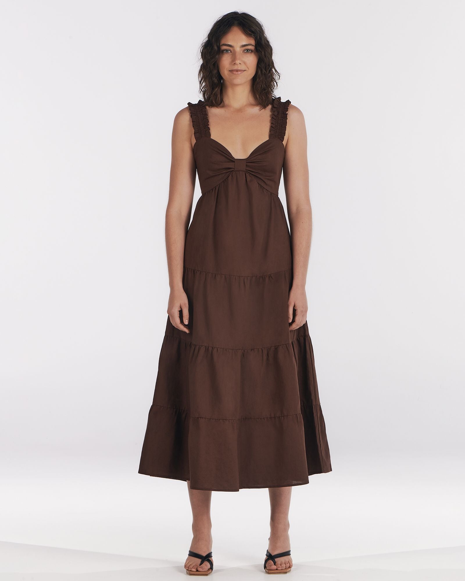 Charlie Holiday midi dress, brown, cotton and linen blend