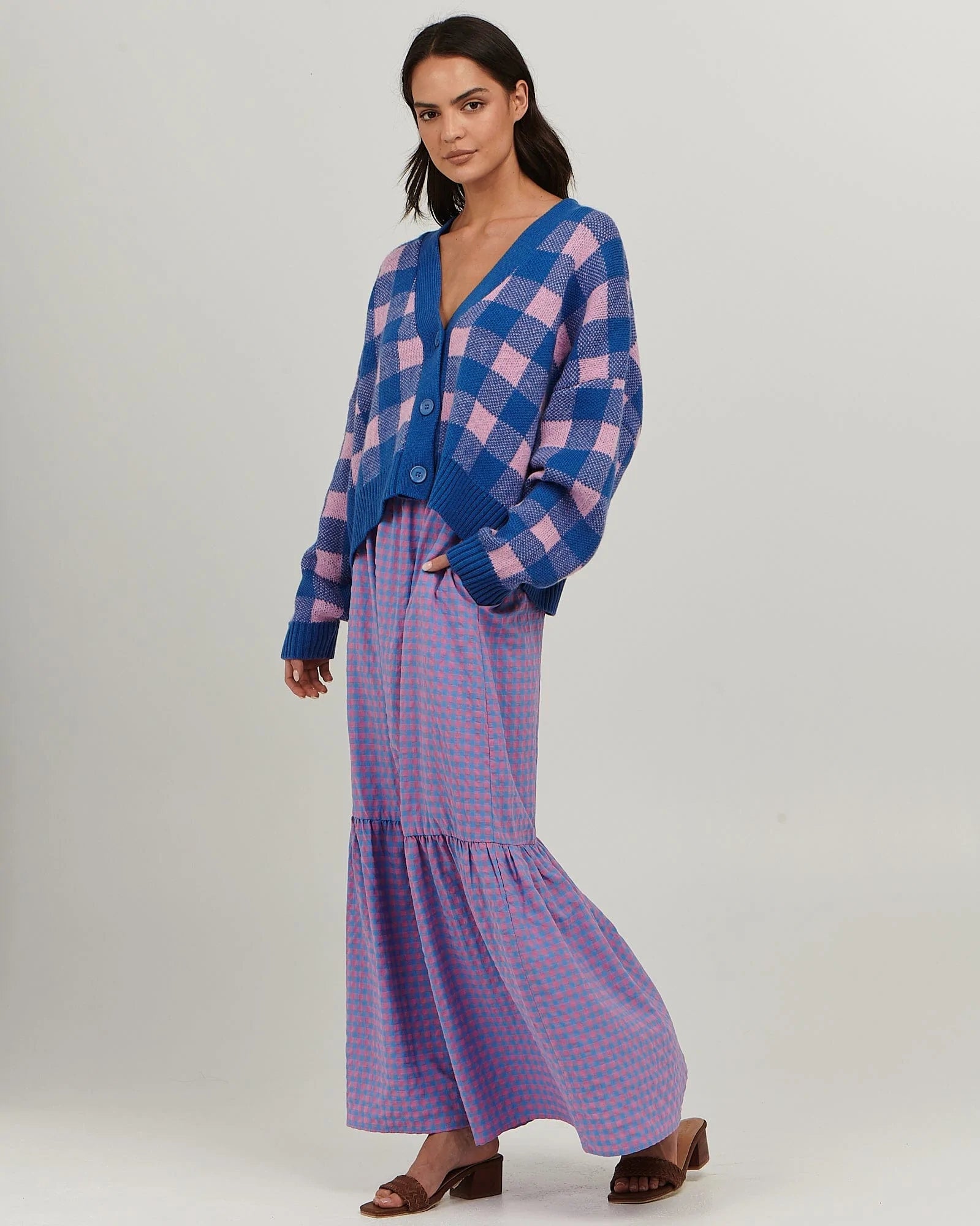 Checked oversized v neck cardigan with balloon sleeves