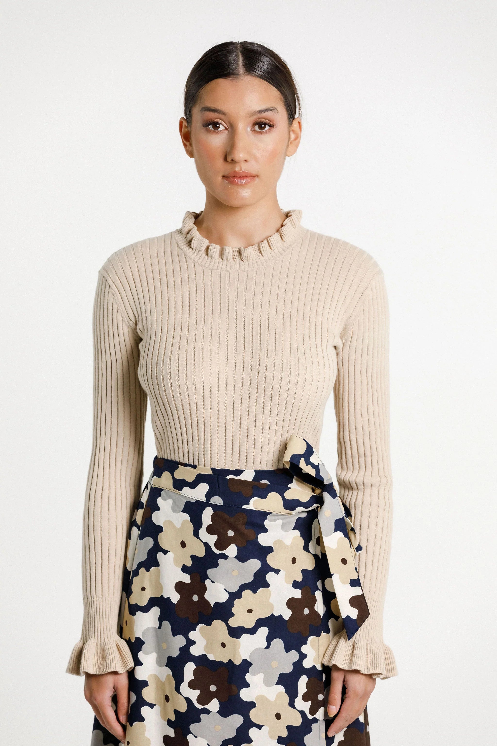 Ruffle long sleeve ribbed turtle neck, ruffle neckline and frilled sleeve