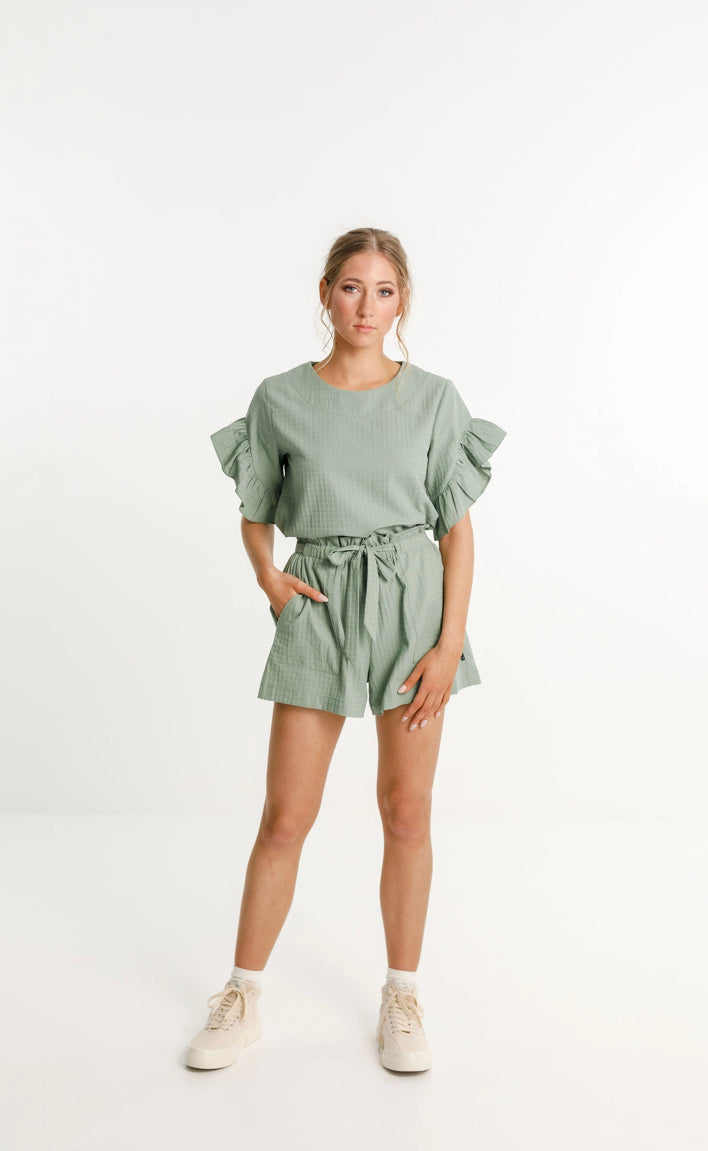 Thing Thing Wonder shorts, paper bag style ,elasticated high cut waist, and pockets