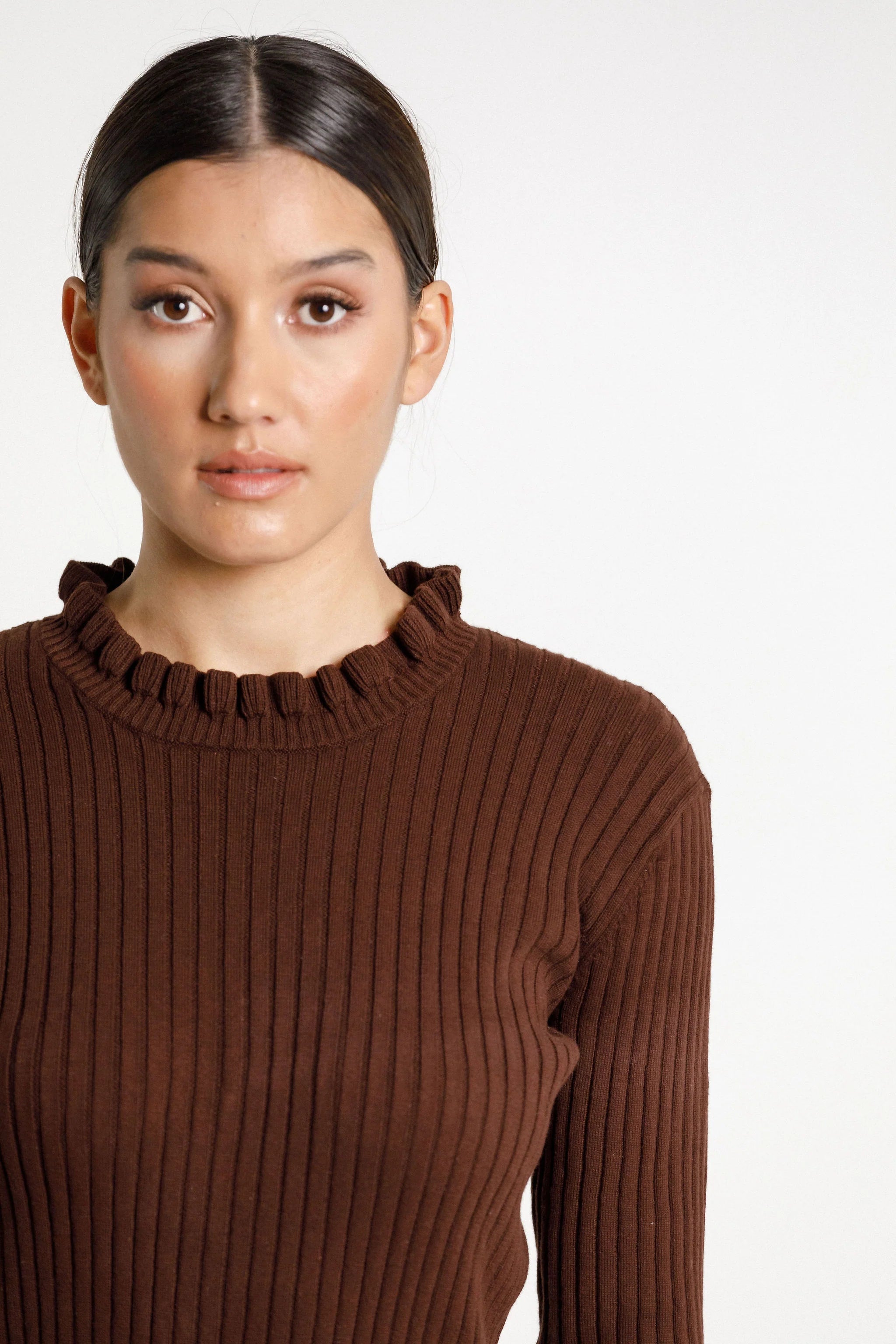 Ruffle long sleeve ribbed turtle neck, ruffle neckline and frilled sleeve