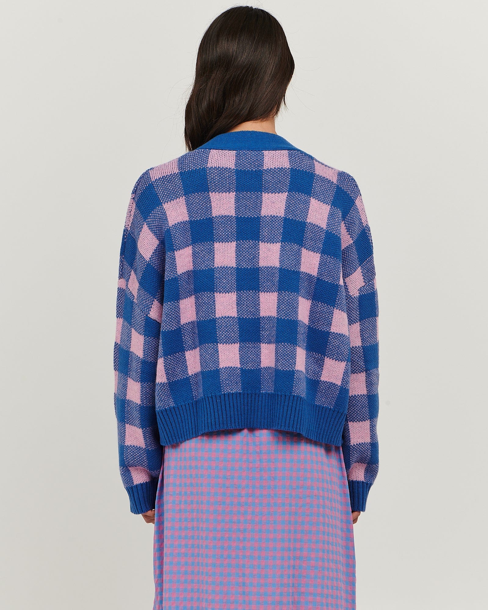 Checked oversized v neck cardigan with balloon sleeves