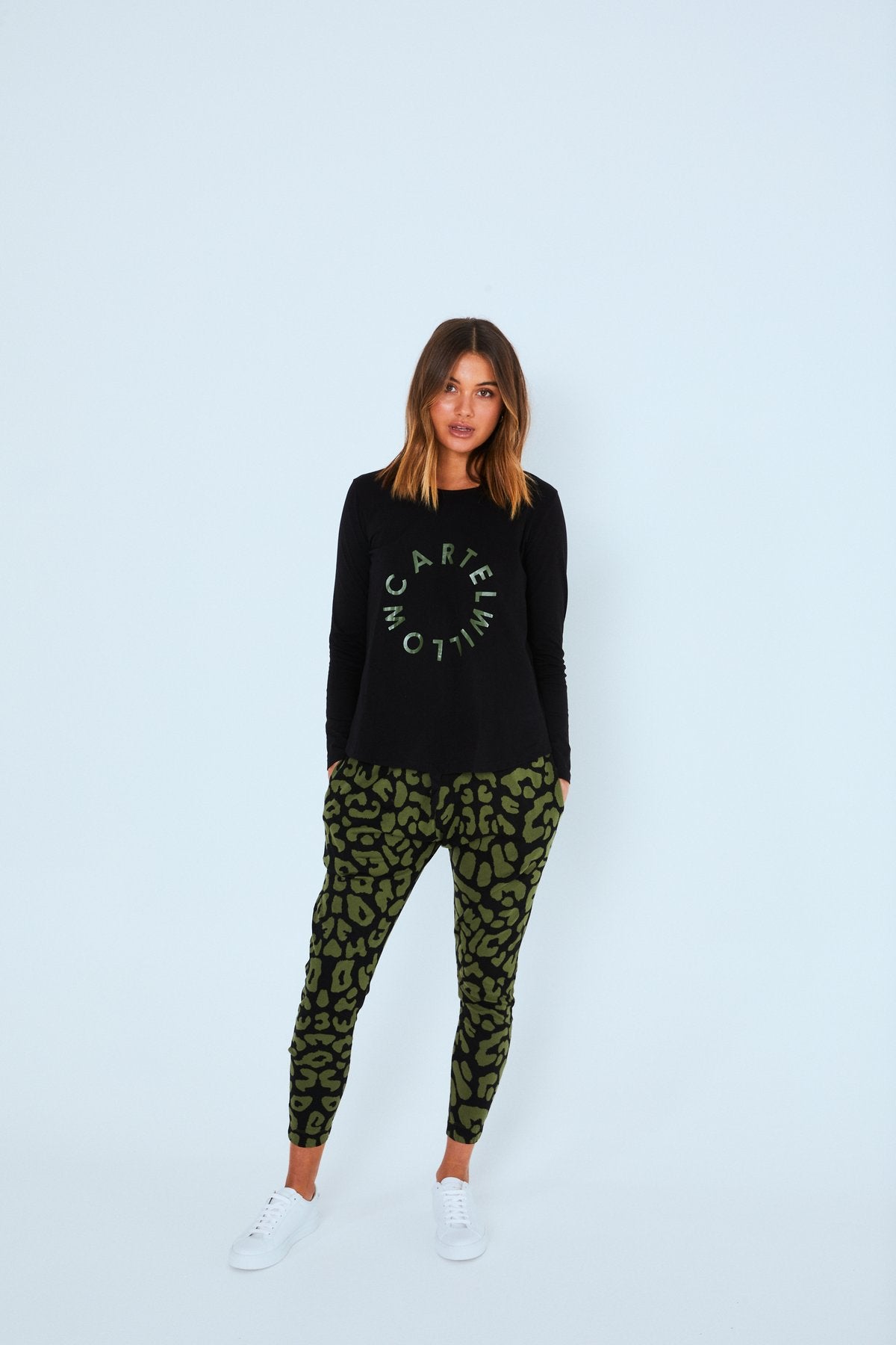 cartel and willow comback pants, khaki and leopard print