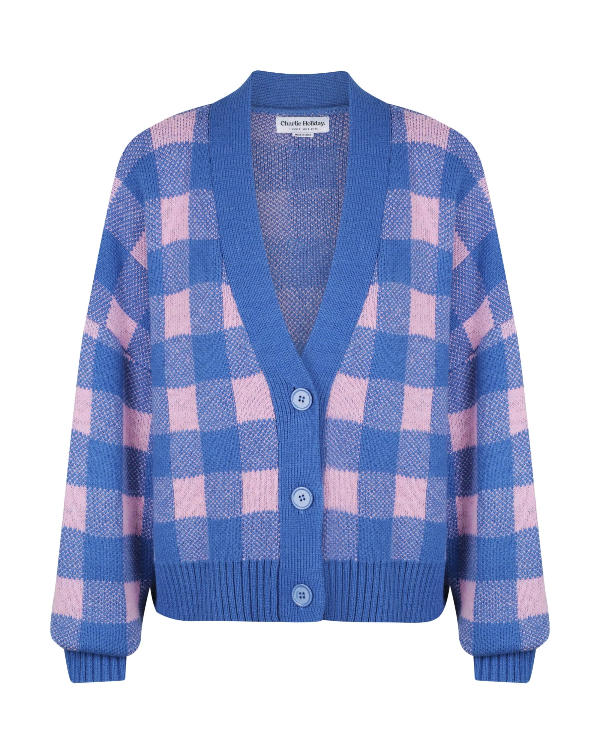 Checked oversized v neck cardigan with balloon sleeves