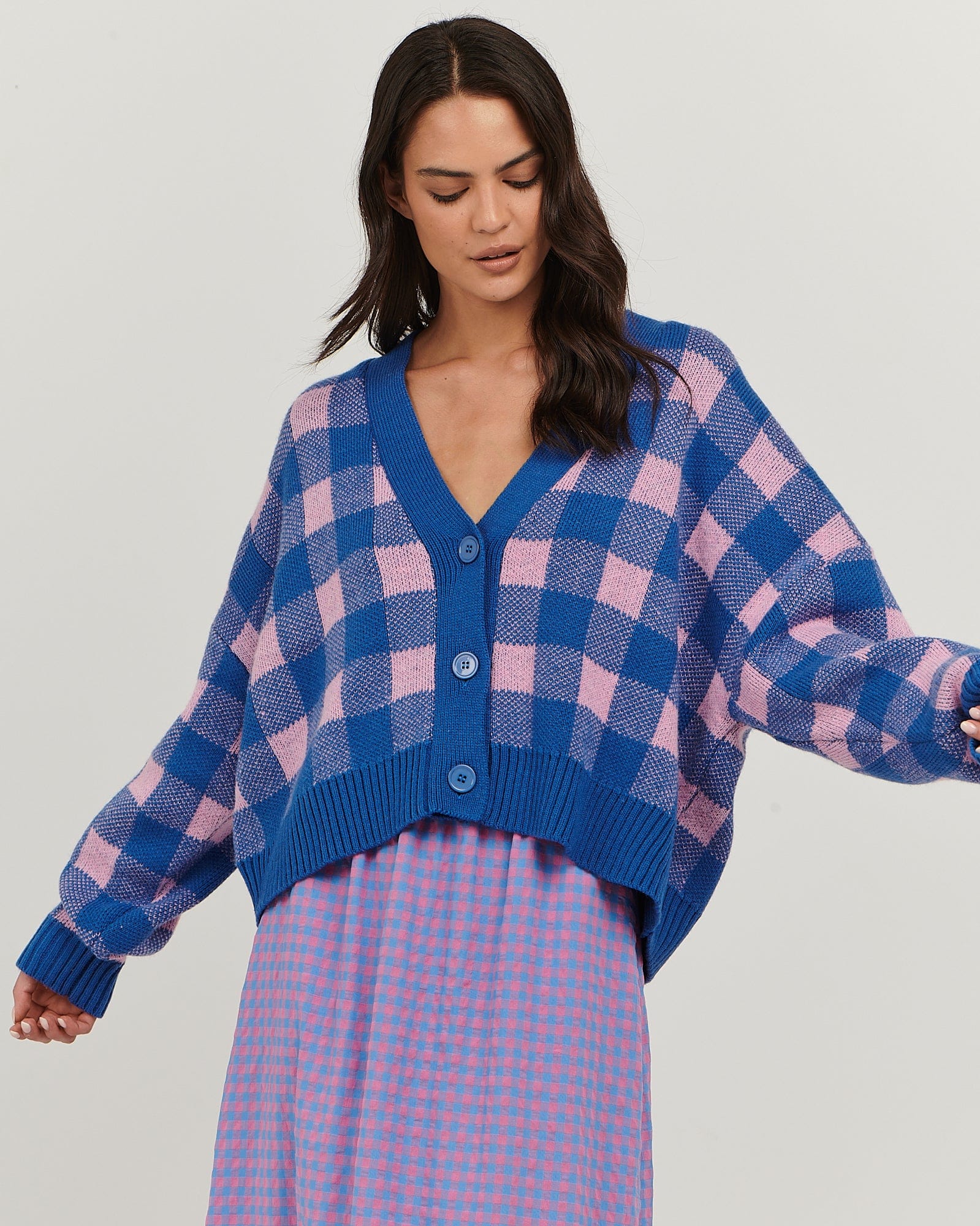 Checked oversized v neck cardigan with balloon sleeves