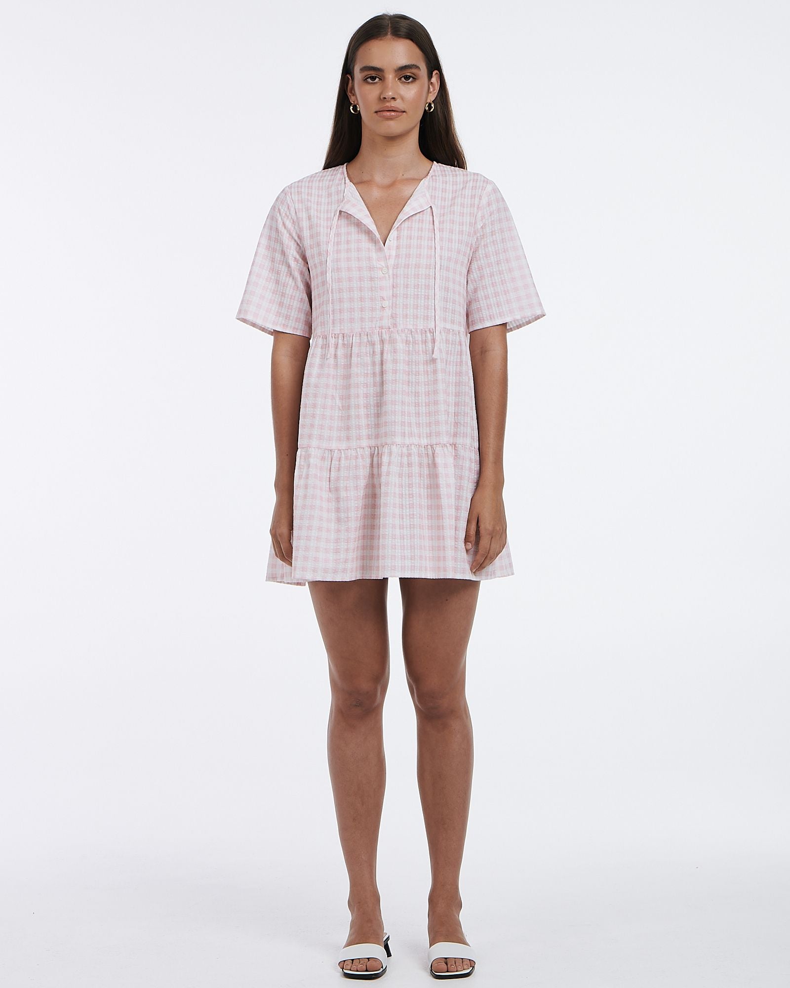 Charlie Holiday loose-fit mini dress is super cute in pink gingham