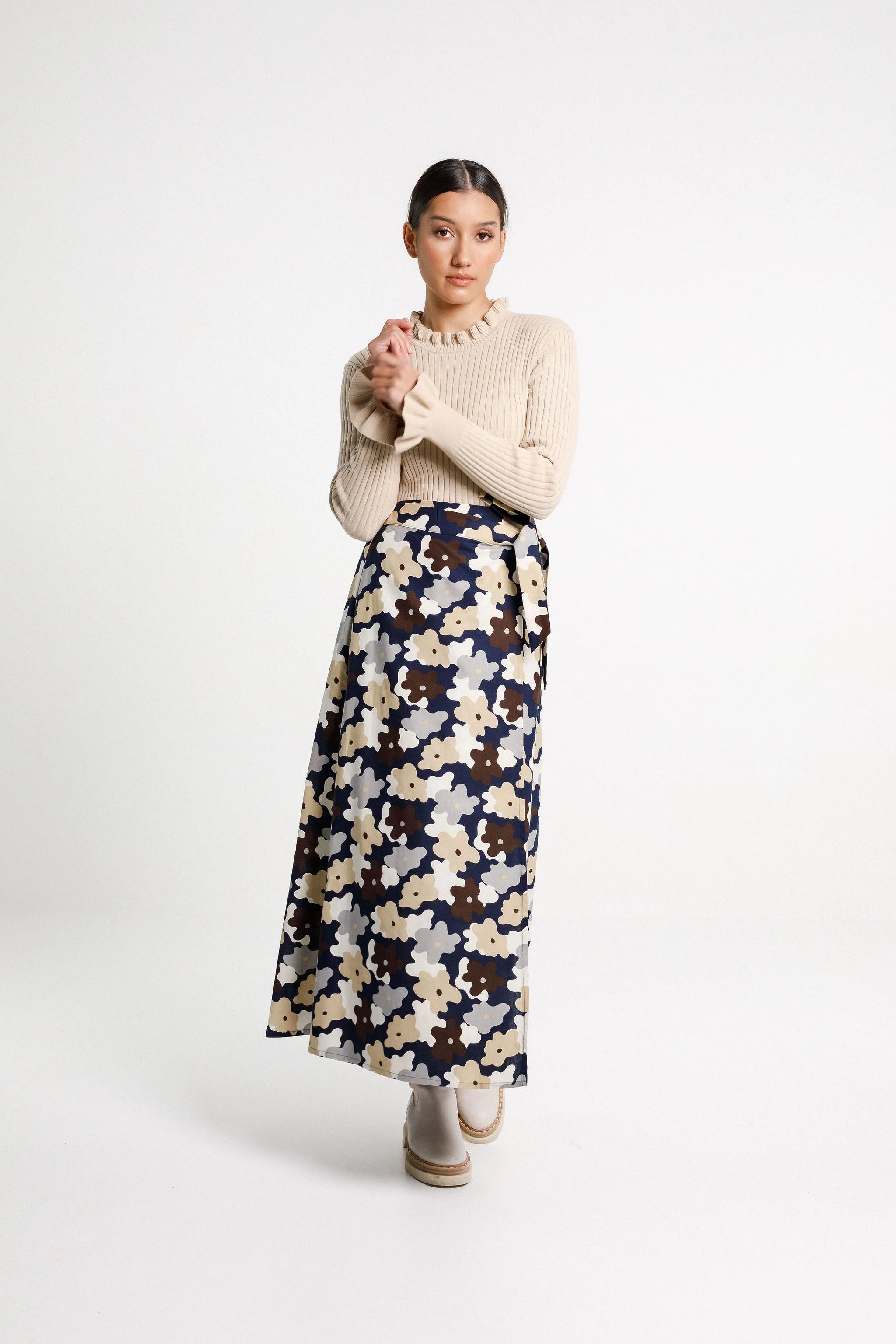 Ruffle long sleeve ribbed turtle neck, ruffle neckline and frilled sleeve