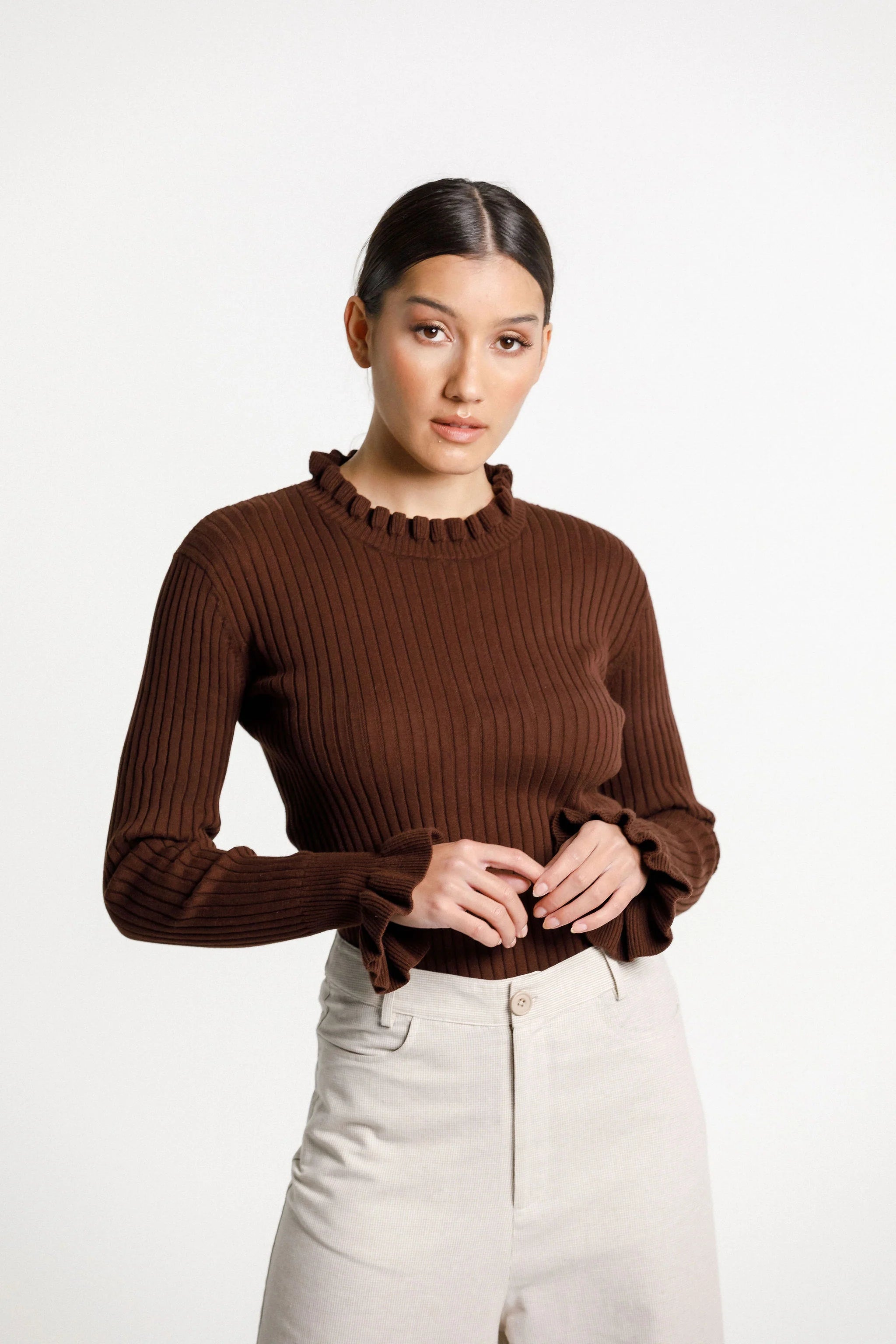 Ruffle long sleeve ribbed turtle neck, ruffle neckline and frilled sleeve