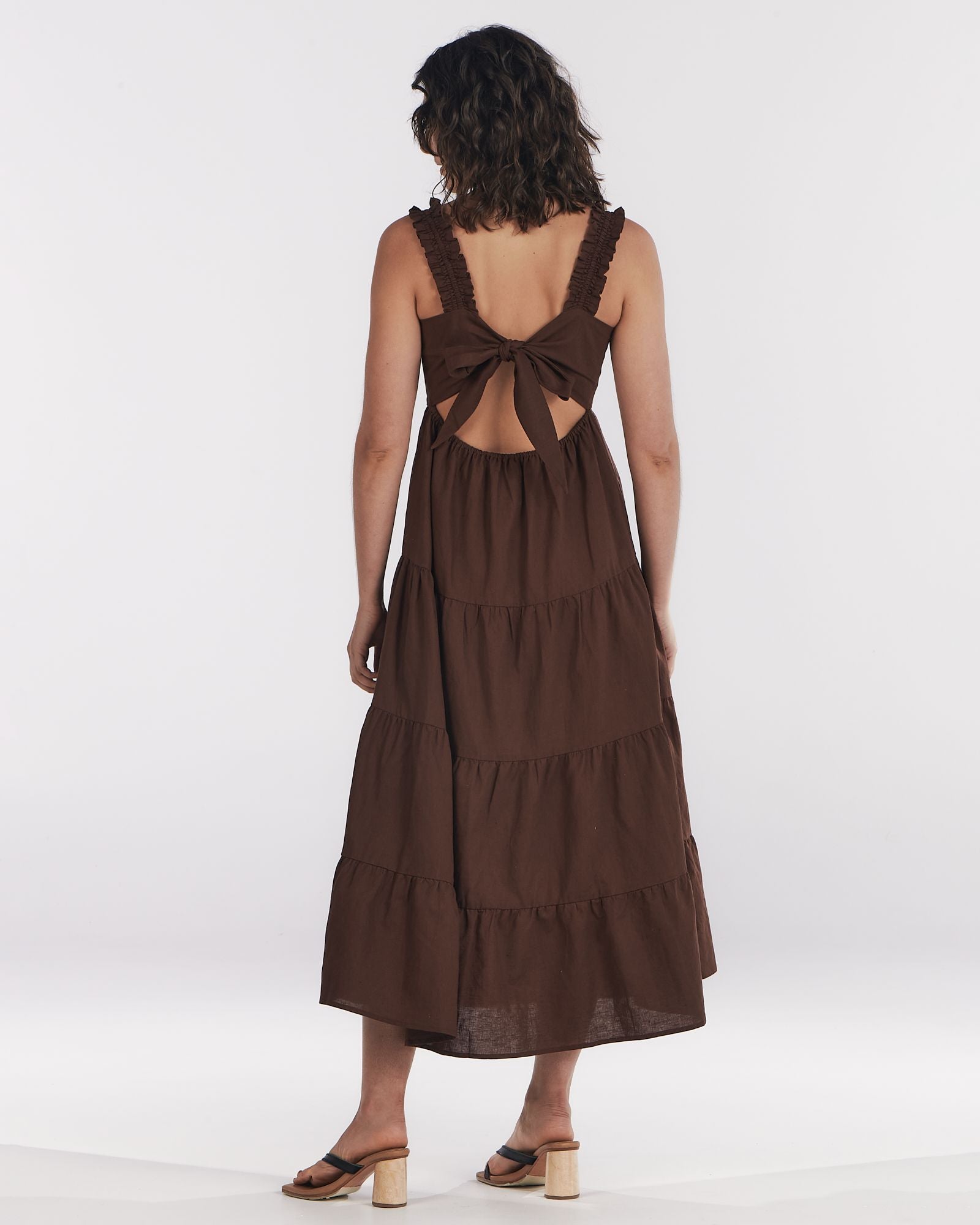 Charlie Holiday midi dress, brown, cotton and linen blend