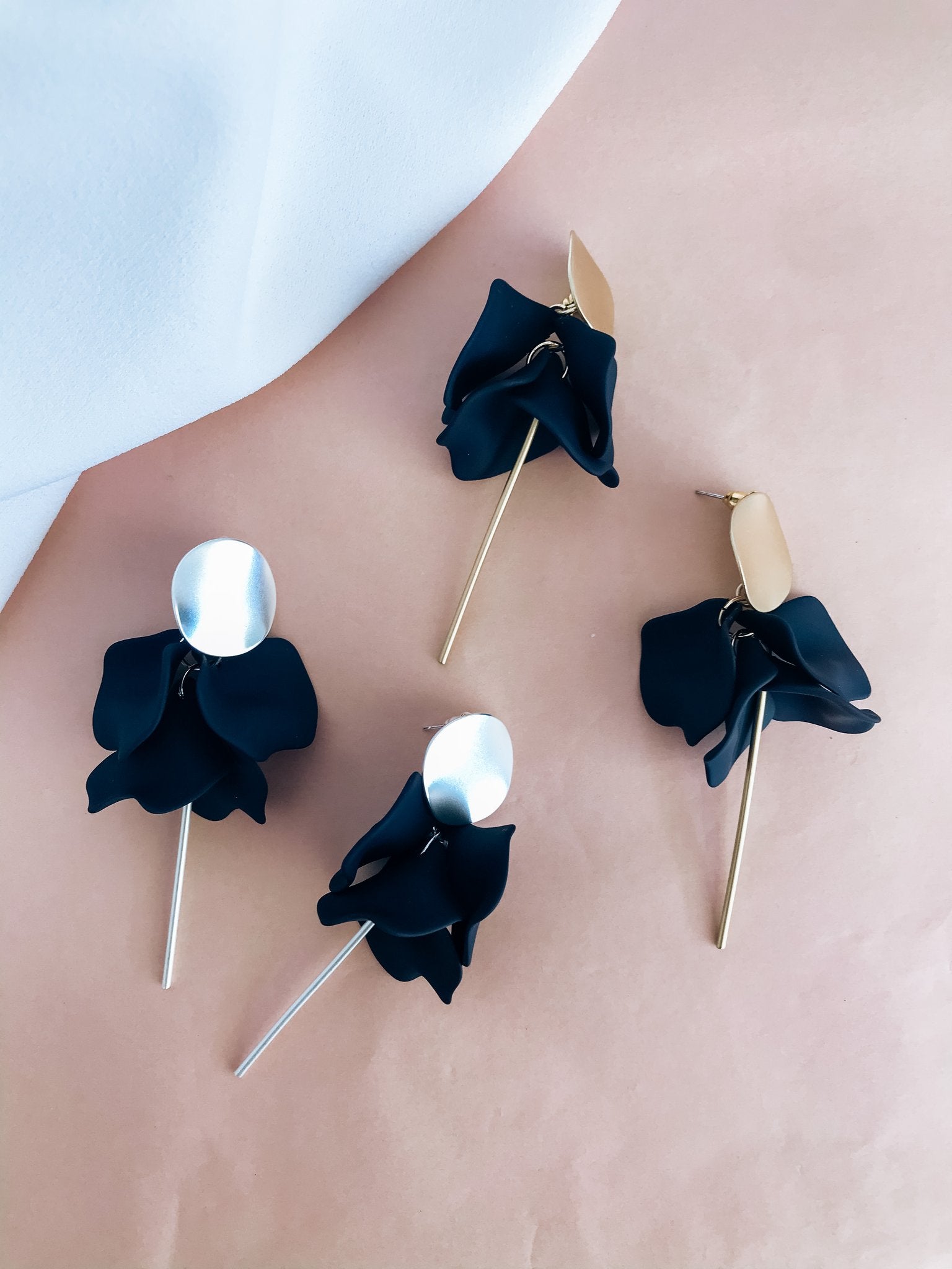 Navy Flora dangles earrings in silver or gold and hand-painted Petals. 