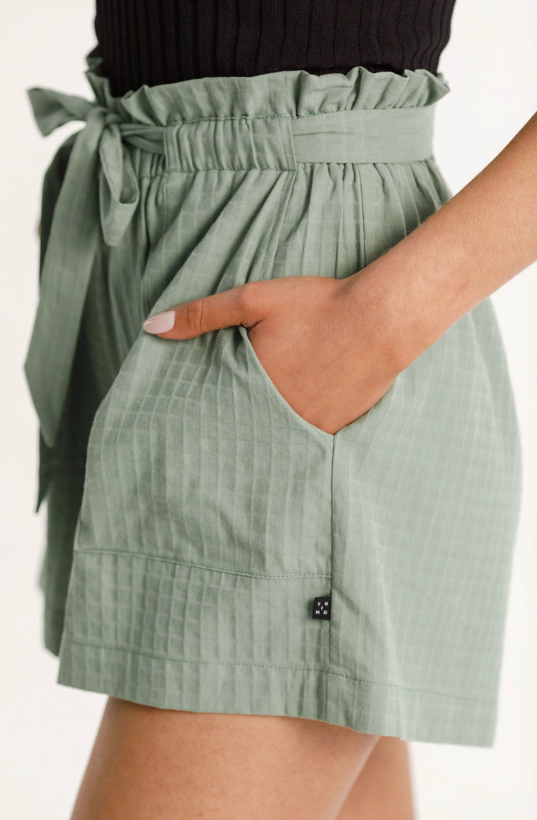 Thing Thing Wonder shorts, paper bag style ,elasticated high cut waist, and pockets