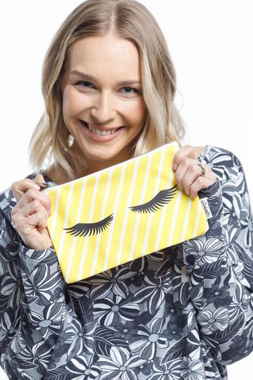 eyelash print make up bag in yellow stripes